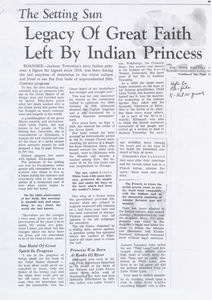 A scanned picture of Kilsoquah article -Legacy of Great Faith left by Indian Princess.