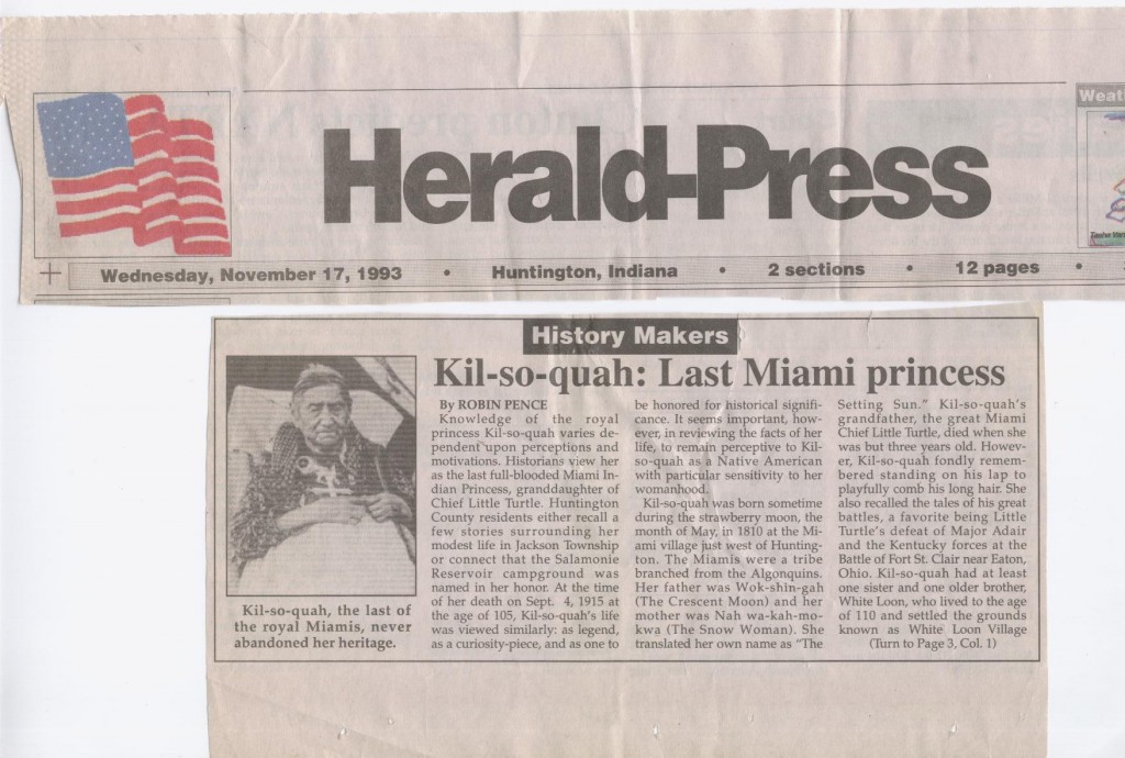 Scanned picture of Kilsoquah article in Huntington Herald-Press November 17, 1993.
