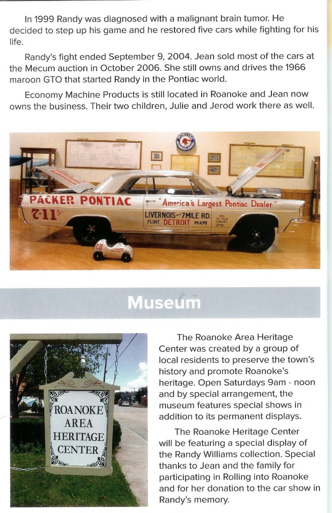 A scanned page for the Rolling into Roanoke brochure featuring Randy Williams cont'd & Roanoke Area Heritage Center (museum)