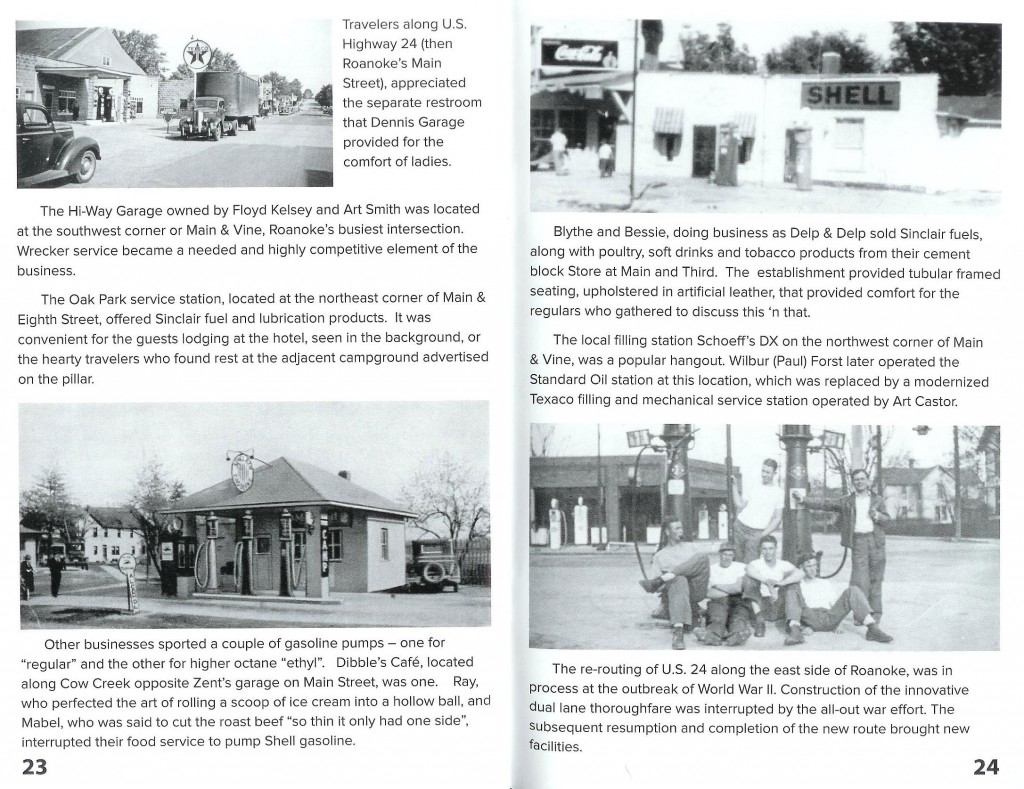 A scanned page for the Rolling into Roanoke brochure featuring Roanoke Filling Stations and Repair Shops 