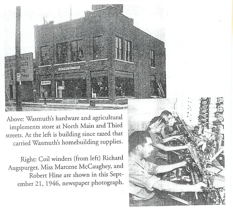 A scanned page from Eshelman book showing Wasmuth building and coil factory workers along with description.