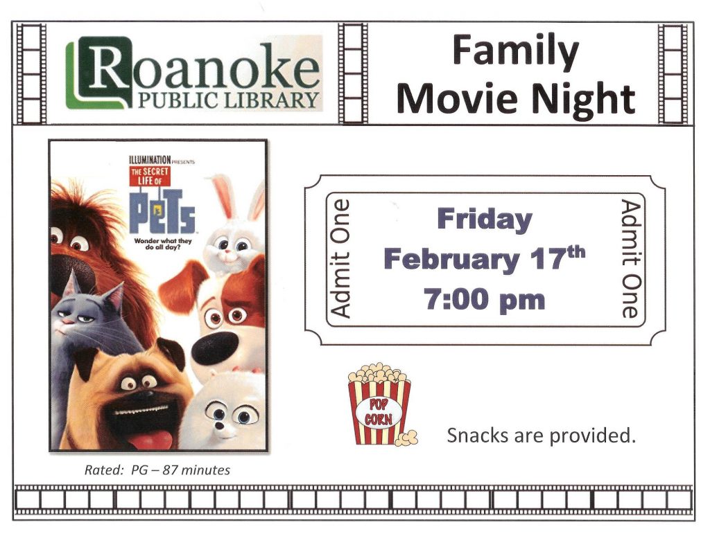 Family Movie Night Feb. 17, 2017 "Secret Life of Pets" at 7:00 pm