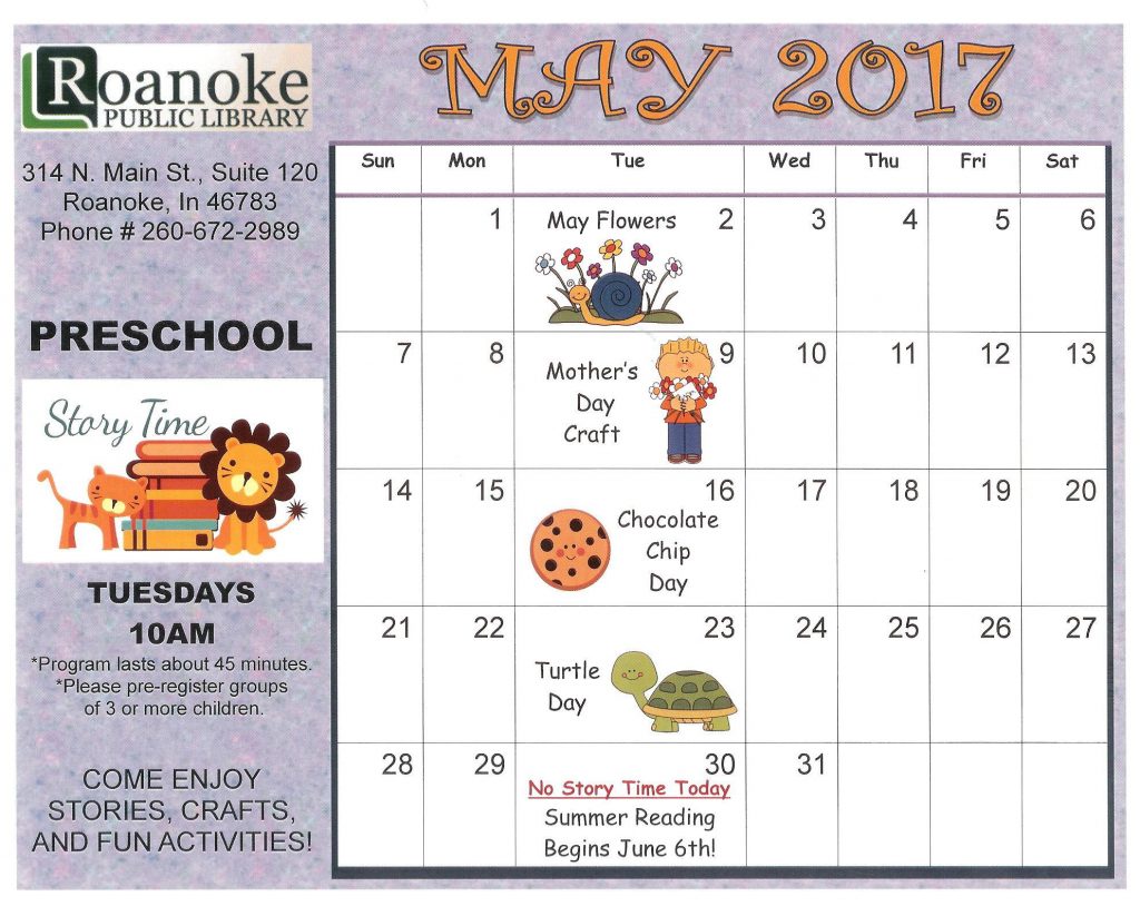 May 2017 Story time calendar on Tuesday at 10 am