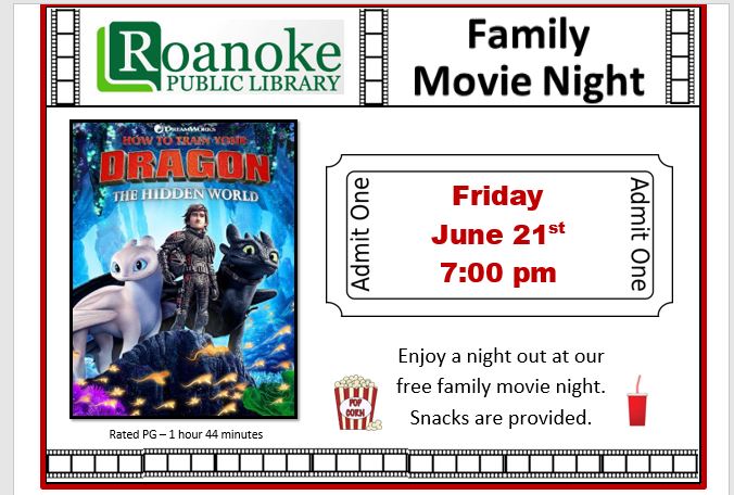 June 21 Family Movie Night featuring "How to train your dragon: The hidden world"