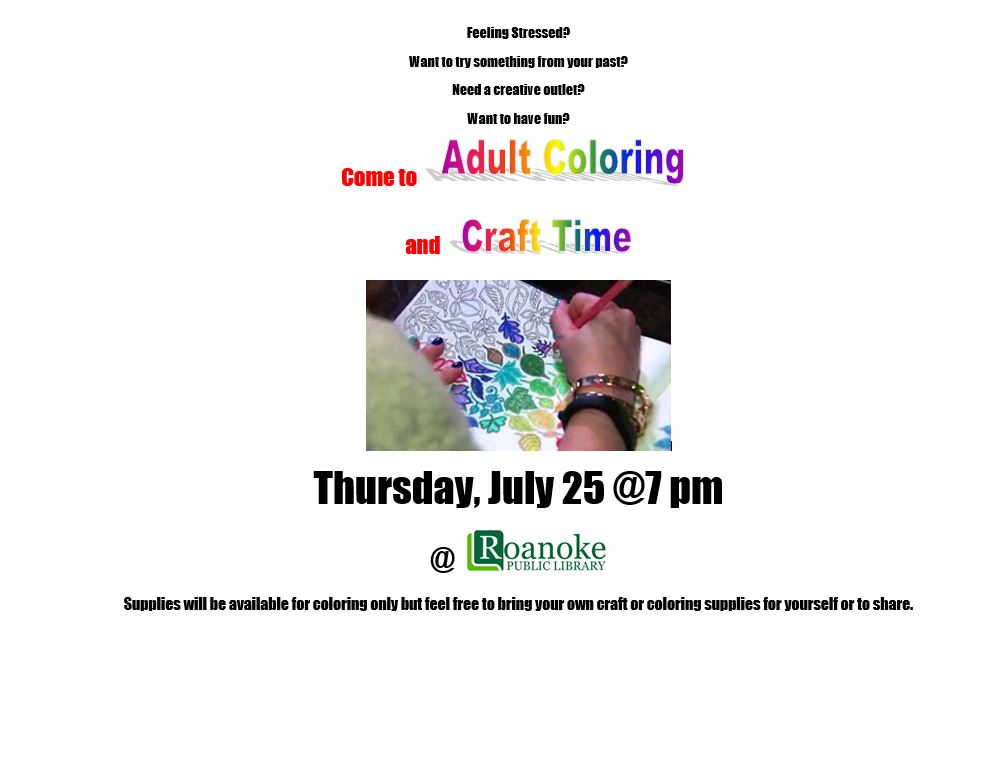 Adult Coloring and Craft Time on July 25 at 7pm